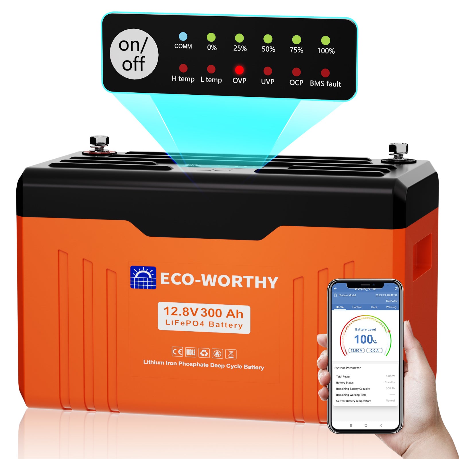 Batteria Bluetooth al litio Lifepo4 12V 300Ah ECO WORTHY con indicatore LED per SOC e livello della batteria