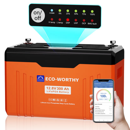 Batteria Bluetooth al litio Lifepo4 12V 300Ah ECO WORTHY con indicatore LED per SOC e livello della batteria