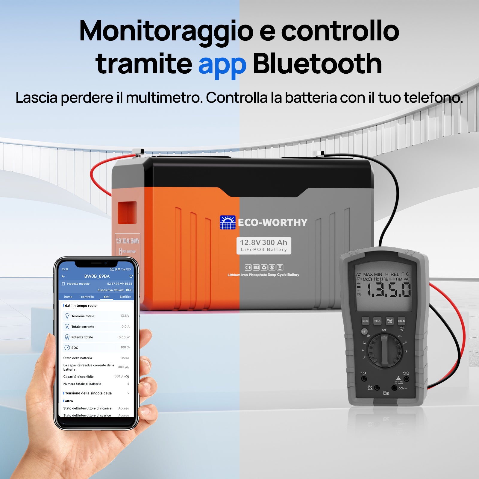 Batteria Bluetooth al litio ferro fosfato 12V 300Ah ECO WORTHY con indicatore LED per SOC e livello della batteria—monitoraggio e con tramite app bluetooth