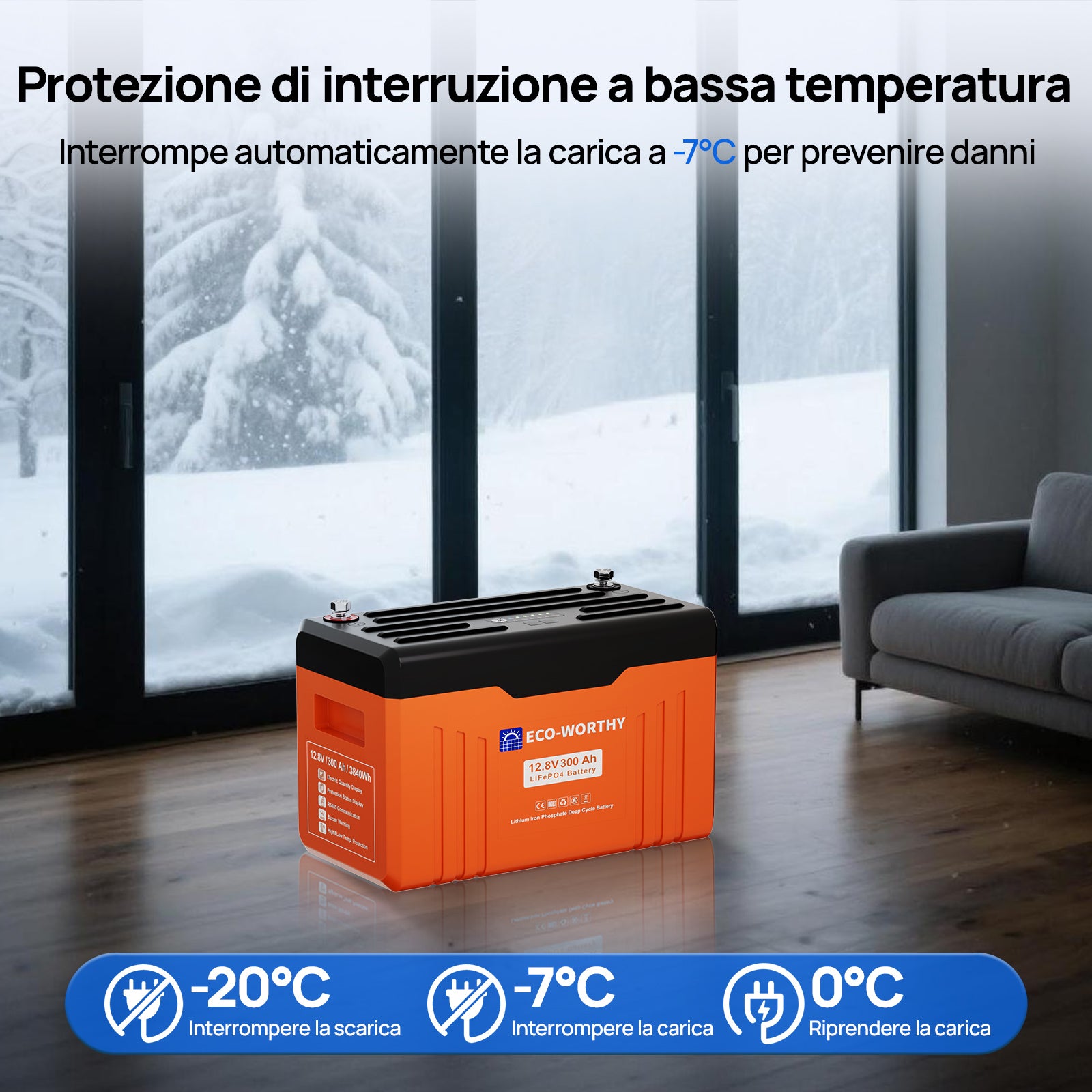 Batteria Bluetooth al litio ferro fosfato 12V 300Ah ECO WORTHY con indicatore LED per SOC e livello della batteria; funzione di protezione dalle basse temperature
