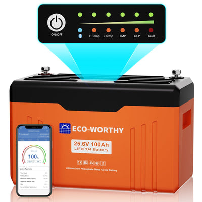 Batteria al litio Bluetooth LiFePO4 da 24V e 100 Ah con protezione dalle basse temperature, luce LED SOC e BMS da 100 A - eco - worthy - it