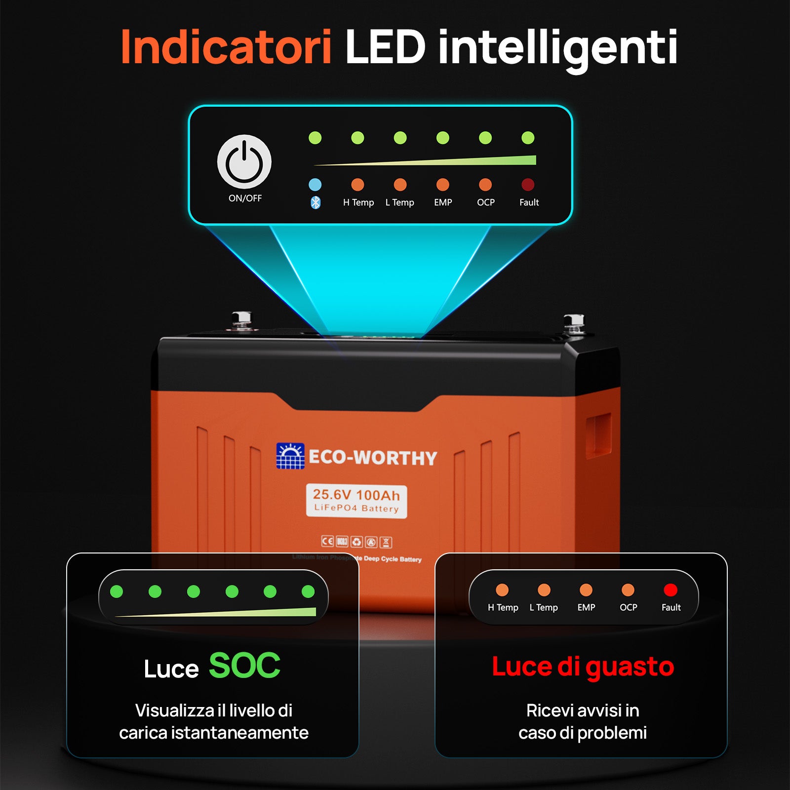 Batteria al litio Bluetooth LiFePO4 da 24V e 100 Ah con protezione dalle basse temperature, luce LED SOC e BMS da 100 A - eco - worthy - it