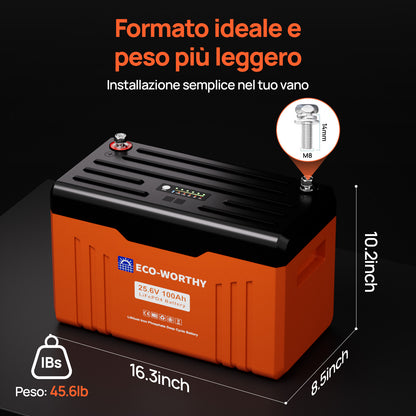 Batteria al litio Bluetooth LiFePO4 da 24V e 100 Ah con protezione dalle basse temperature, luce LED SOC e BMS da 100 A - eco - worthy - it