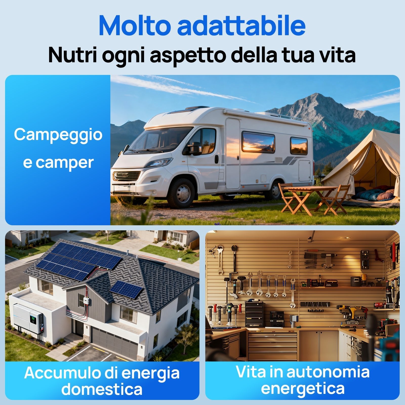Esempi d'uso della batteria: campeggio, accumulo domestico con pannelli solari e officina in autonomia.