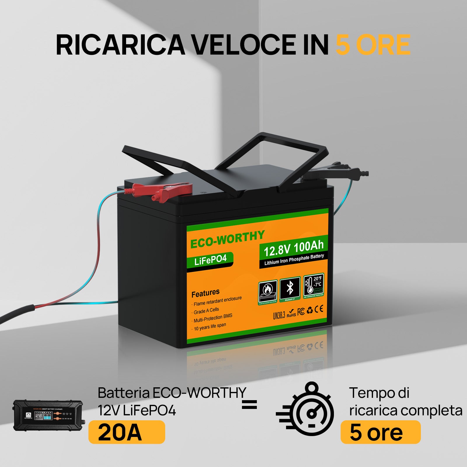 Ricarica rapida in 5 ore della batteria ECO-WORTHY 12V LiFePO4 utilizzando un caricabatterie da 20A.