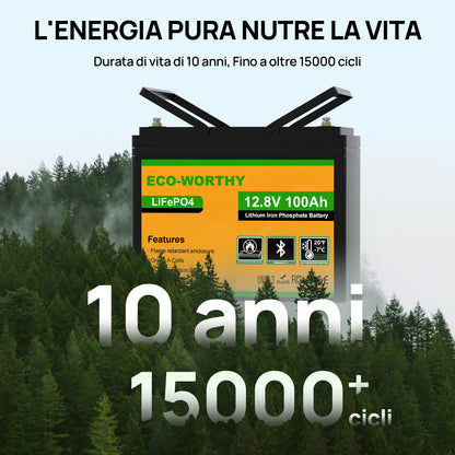 Batteria LiFePO4 ECO-WORTHY in ambiente naturale: garantisce oltre 15.000 cicli e 10 anni di vita utile.