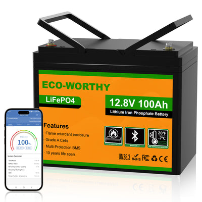 Batteria LiFePO4 ECO-WORTHY 12.8V 100Ah con monitoraggio Bluetooth tramite app su smartphone.