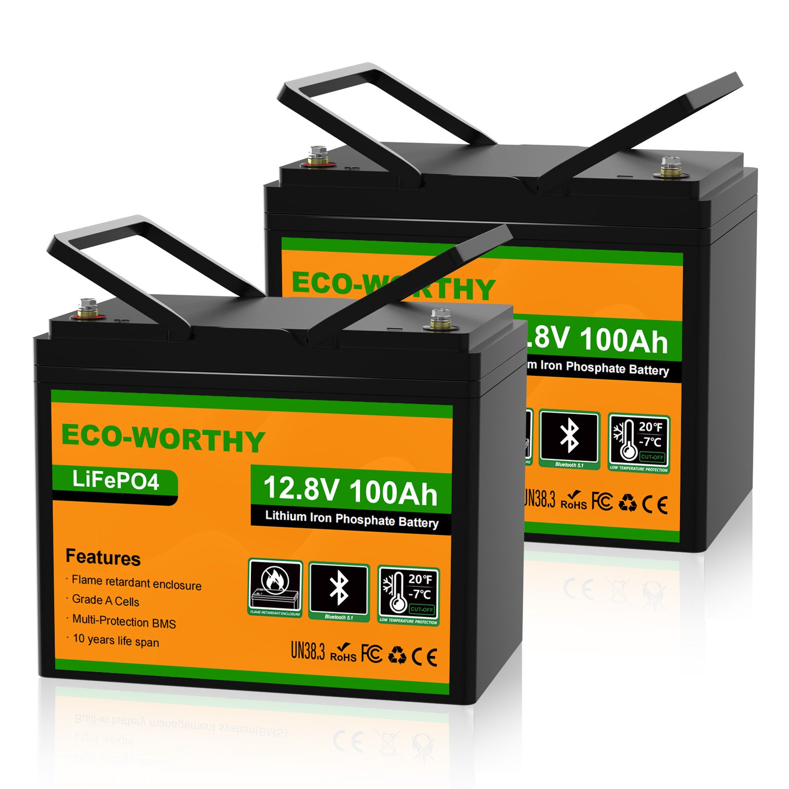 Batteria LiFePO4 ECO-WORTHY 12.8V 100Ah con monitoraggio Bluetooth tramite app su smartphone.