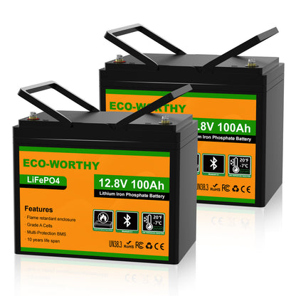 Batteria LiFePO4 ECO-WORTHY 12.8V 100Ah con monitoraggio Bluetooth tramite app su smartphone.