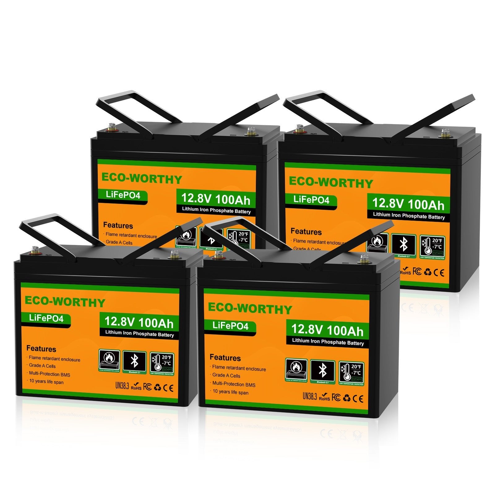 Batteria LiFePO4 ECO-WORTHY 12.8V 100Ah con monitoraggio Bluetooth tramite app su smartphone.