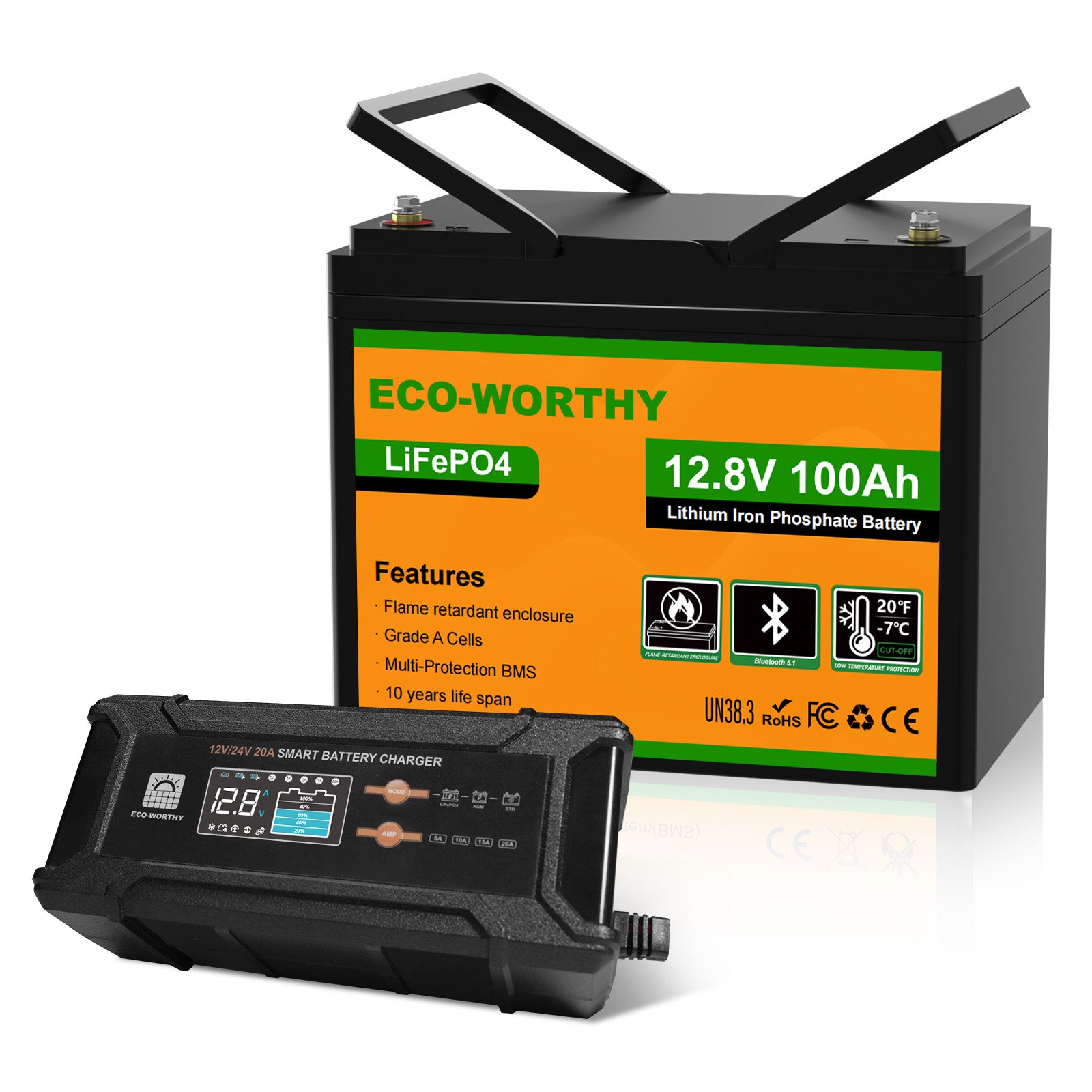 Batteria LiFePO4 12.8V 100Ah ECO-WORTHY abbinata a un caricabatterie intelligente  da 12V 20A.