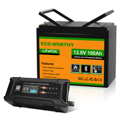 Batteria LiFePO4 12.8V 100Ah ECO-WORTHY abbinata a un caricabatterie intelligente  da 12V 20A.