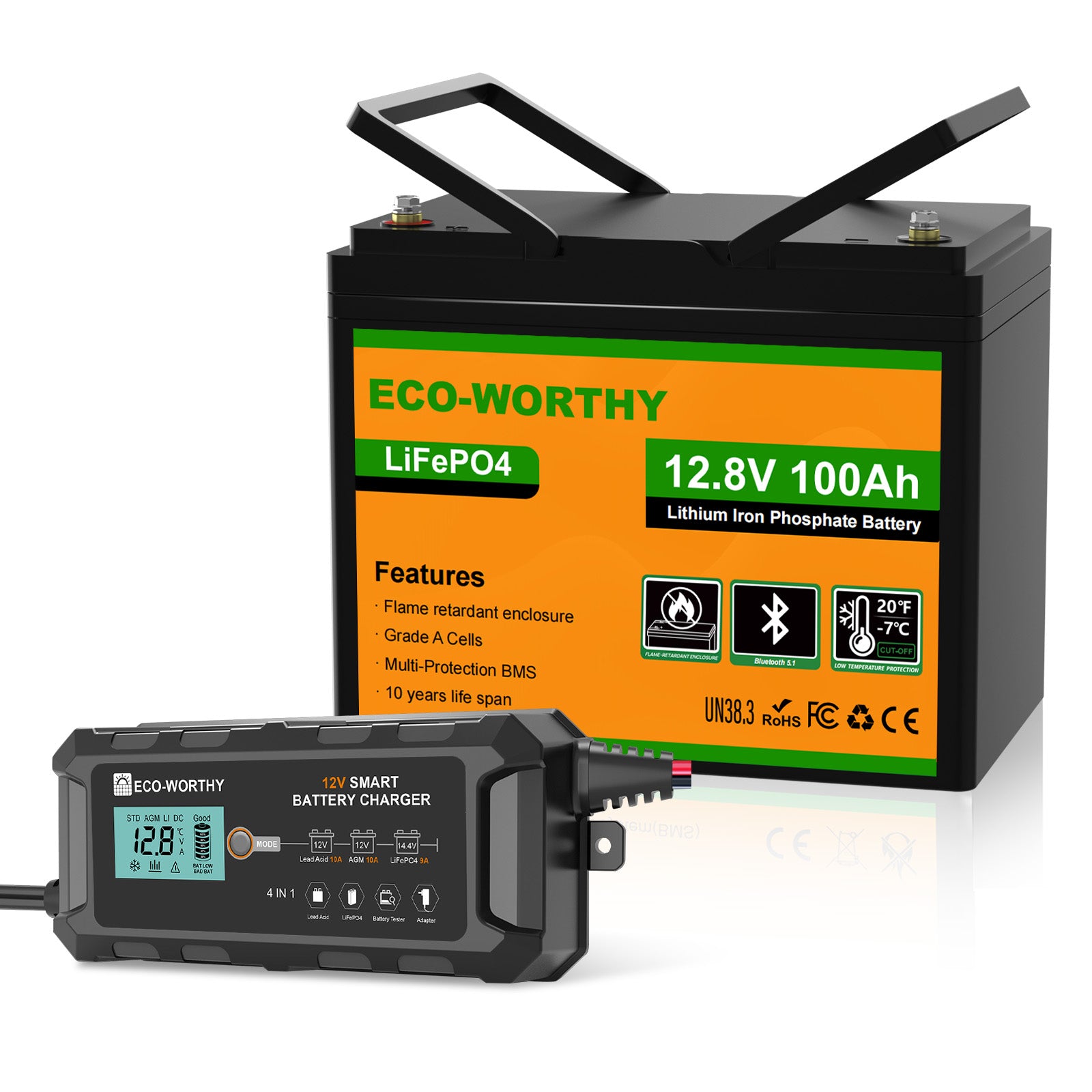 Batteria LiFePO4 12.8V 100Ah ECO-WORTHY abbinata a un caricabatterie intelligente  da 12V 10A.