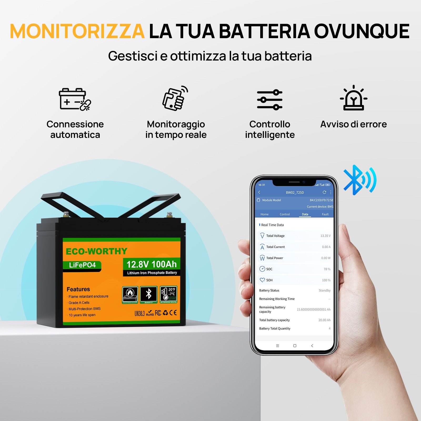 Panoramica funzioni Bluetooth: monitoraggio in tempo reale, controllo intelligente e avvisi di errore via app.
