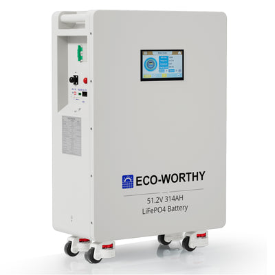 Batteria LiFePO4 ECO-WORTHY 51.2V 314Ah bianca con display LCD e rotelle su sfondo bianco.