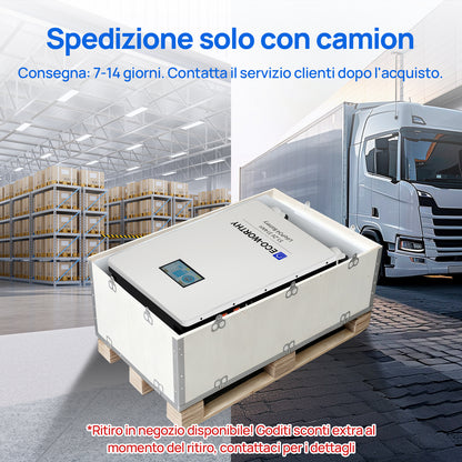 Batteria al litio LiFePO4 ECO-WORTHY in cassa di legno su pallet. Testo: Spedizione solo con camion, consegna 7-14 giorni.