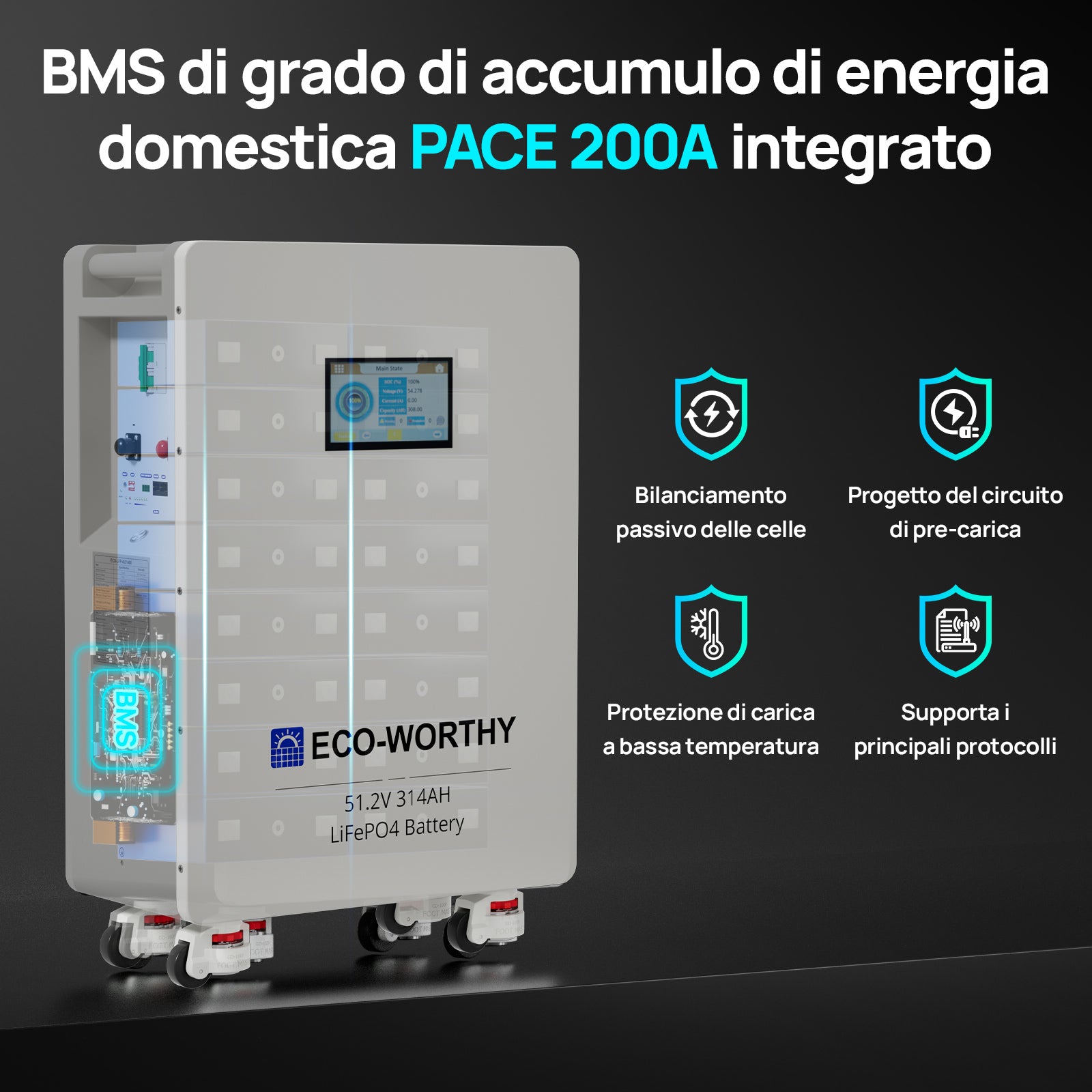 BMS PACE 200A integrato con bilanciamento celle e protezione da basse temperature.