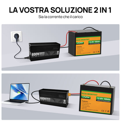 Caricabatterie LiFePO4 da 14,6 V 25 A con inverter da 600 W da 12 V a 230 V per batteria - eco - worthy - it