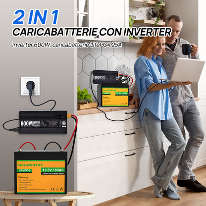 Caricabatterie LiFePO4 da 14,6 V 25 A con inverter da 600 W da 12 V a 230 V per batteria - eco - worthy - it