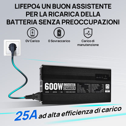 Caricabatterie LiFePO4 da 14,6 V 25 A con inverter da 600 W da 12 V a 230 V per batteria - eco - worthy - it