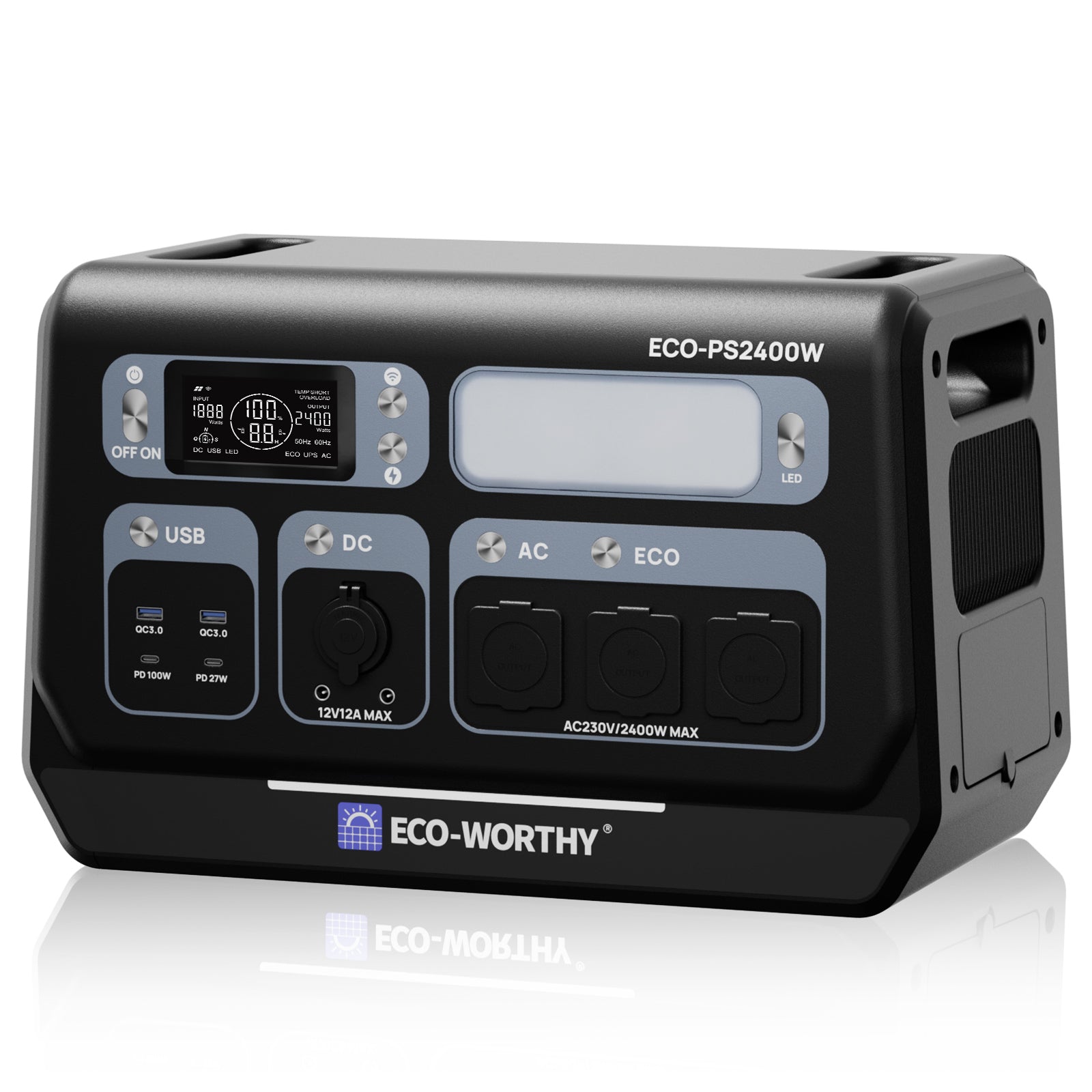 Stazione di energia portatile ECO-PS2400W con display LCD, porte USB, DC e 3 prese AC da 2400W.