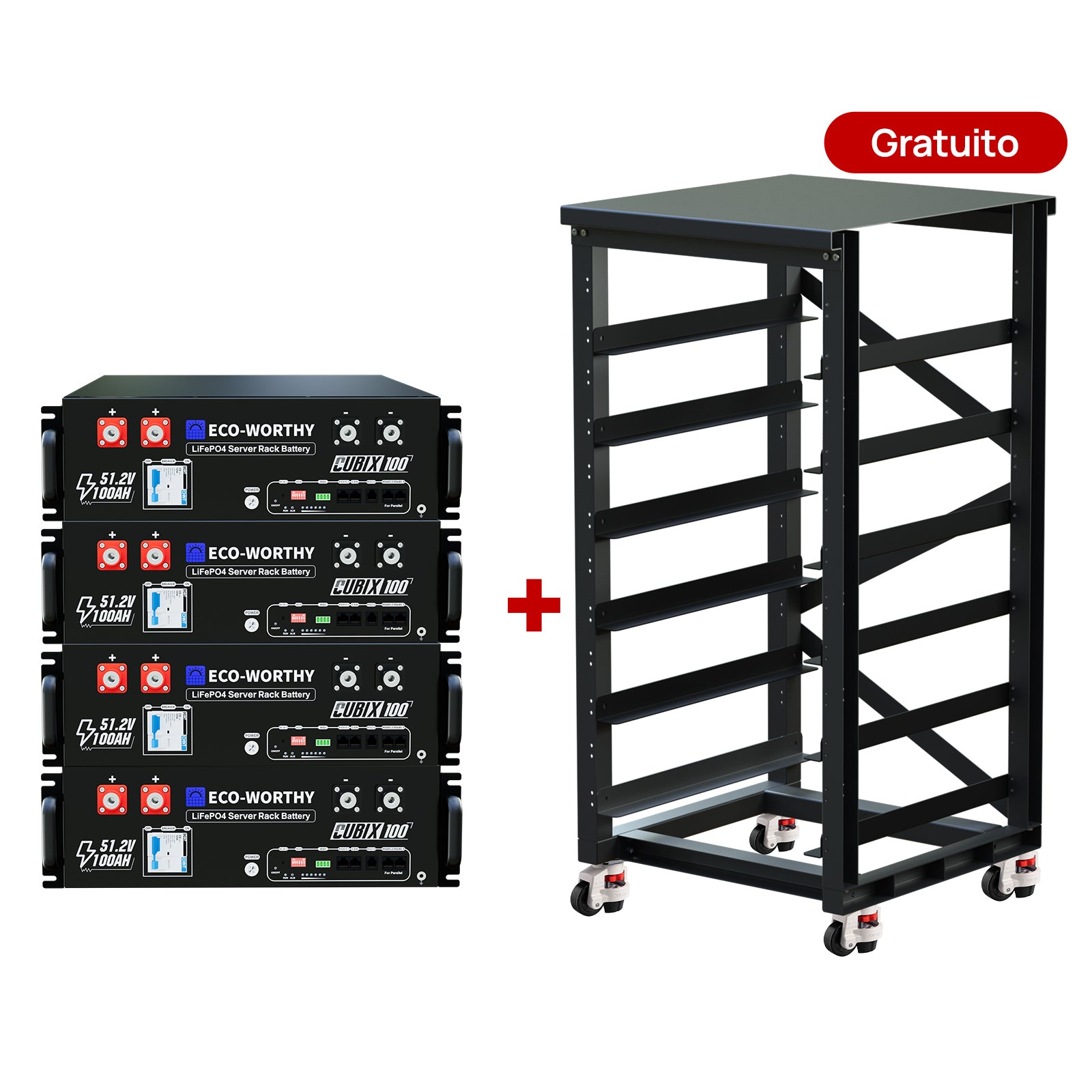 Set di quattro batterie per server rack ECO-WORTHY con struttura rack in metallo inclusa gratuitamente.