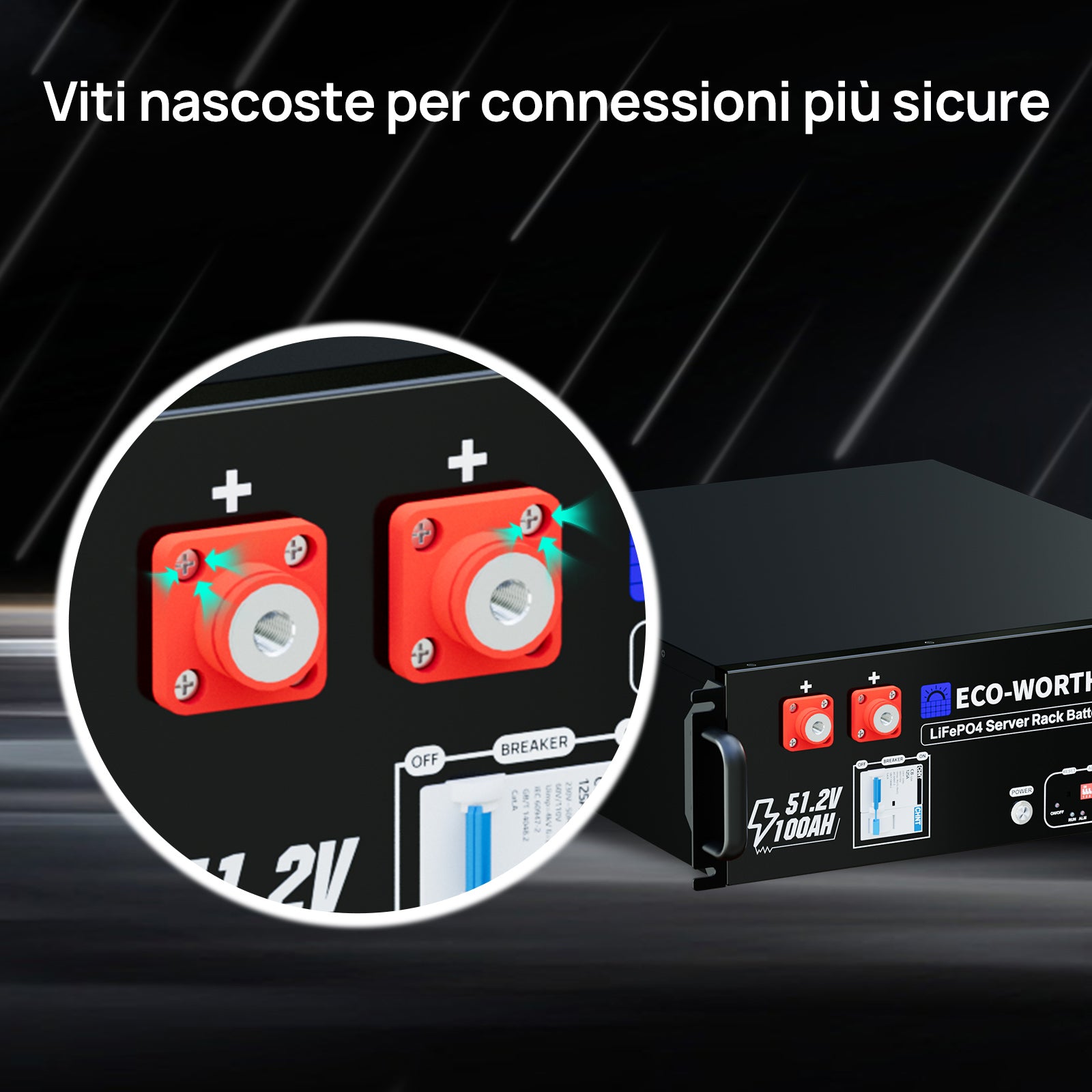 Dettaglio dei terminali positivi con viti nascoste per garantire connessioni più sicure e protette.