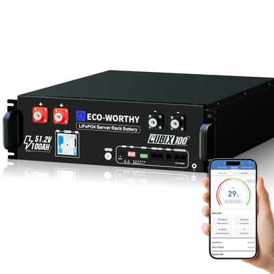 Batteria Server Rack ECO-WORTHY 48V 100Ah con monitoraggio smartphone tramite app Bluetooth e Wi-Fi.