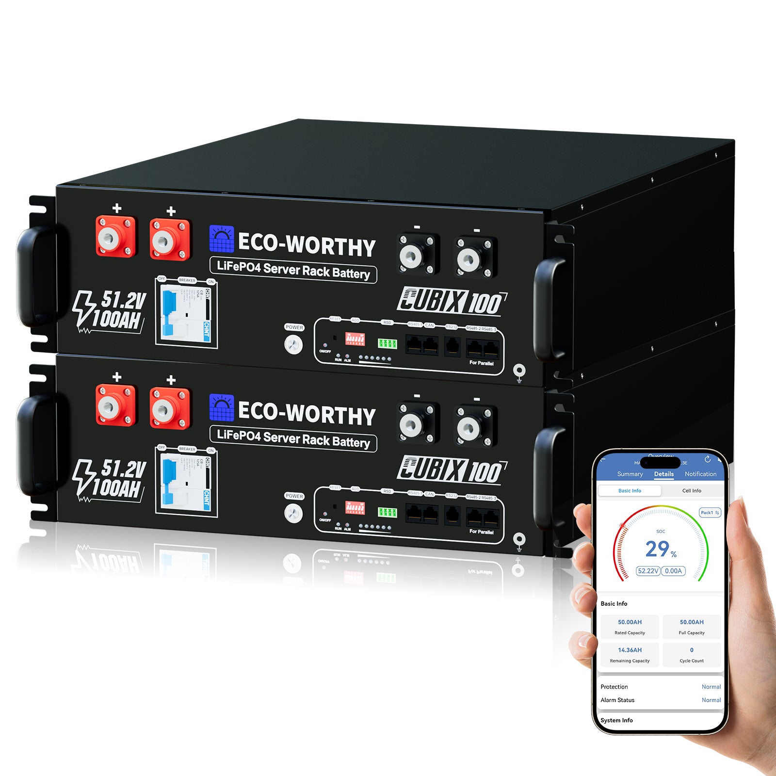 Batteria Server Rack ECO-WORTHY 48V 100Ah con monitoraggio smartphone tramite app Bluetooth e Wi-Fi.