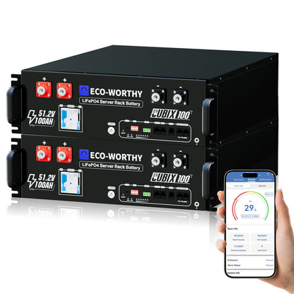 Batteria Server Rack ECO-WORTHY 48V 100Ah con monitoraggio smartphone tramite app Bluetooth e Wi-Fi.