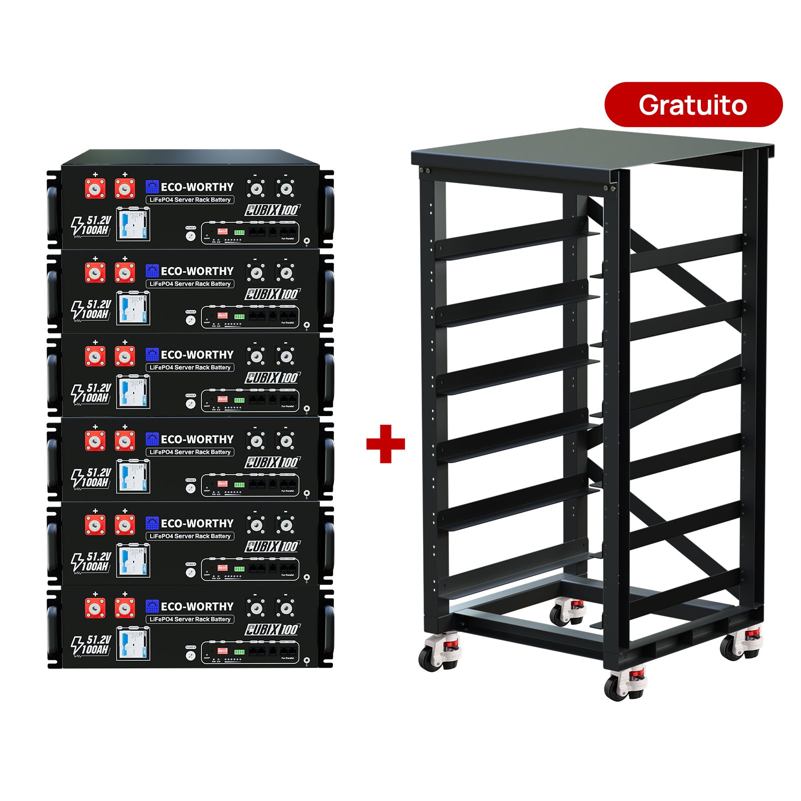 Set di sei batterie per server rack ECO-WORTHY con struttura rack in metallo inclusa gratuitamente.