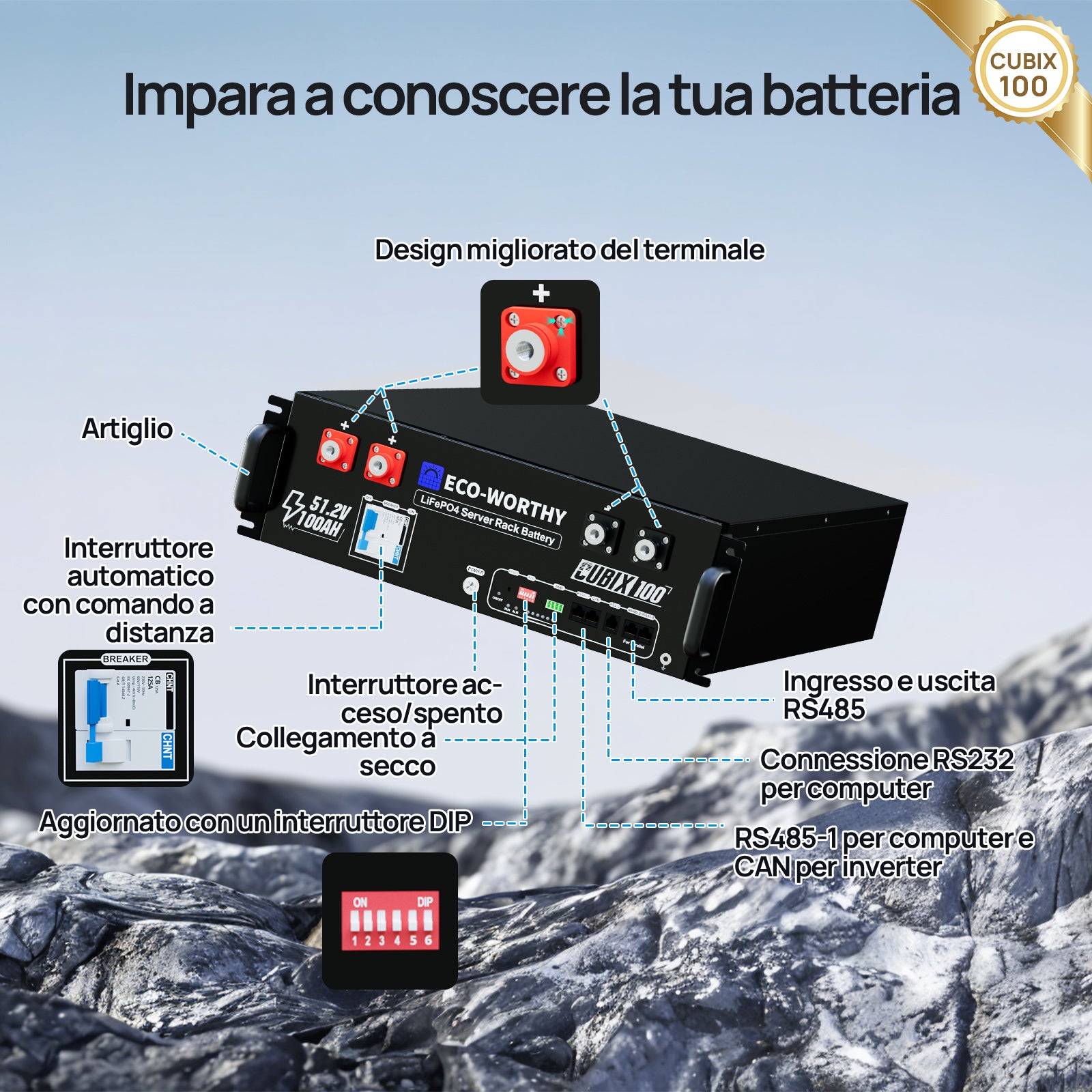 Diagramma tecnico dei terminali, interruttori e porte di connessione RS485/CAN della batteria Cubix 100.