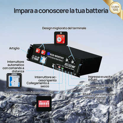 Diagramma tecnico dei terminali, interruttori e porte di connessione RS485/CAN della batteria Cubix 100.
