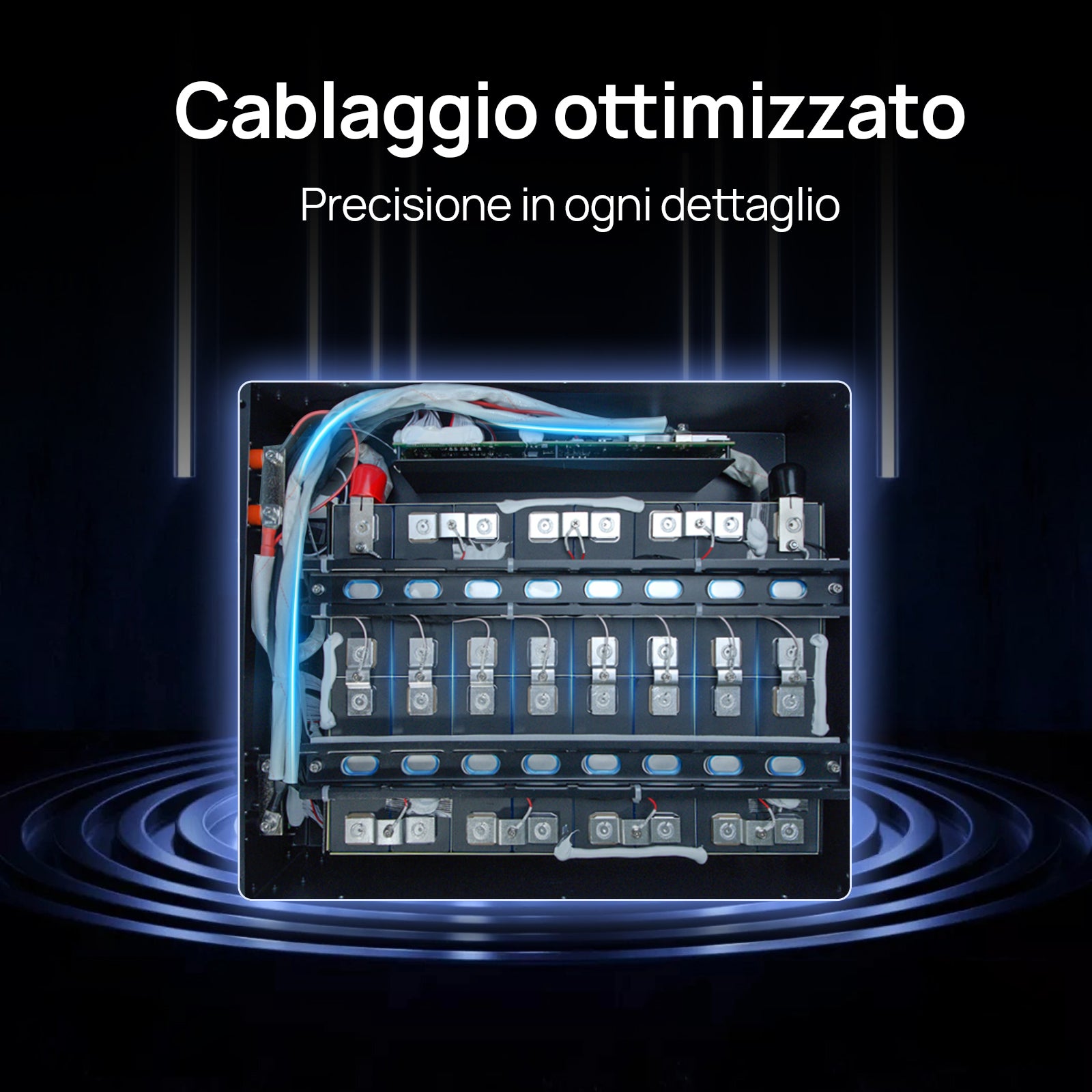 Vista interna della batteria ECO-WORTHY con cablaggio ottimizzato e celle LiFePO4 organizzate con precisione.