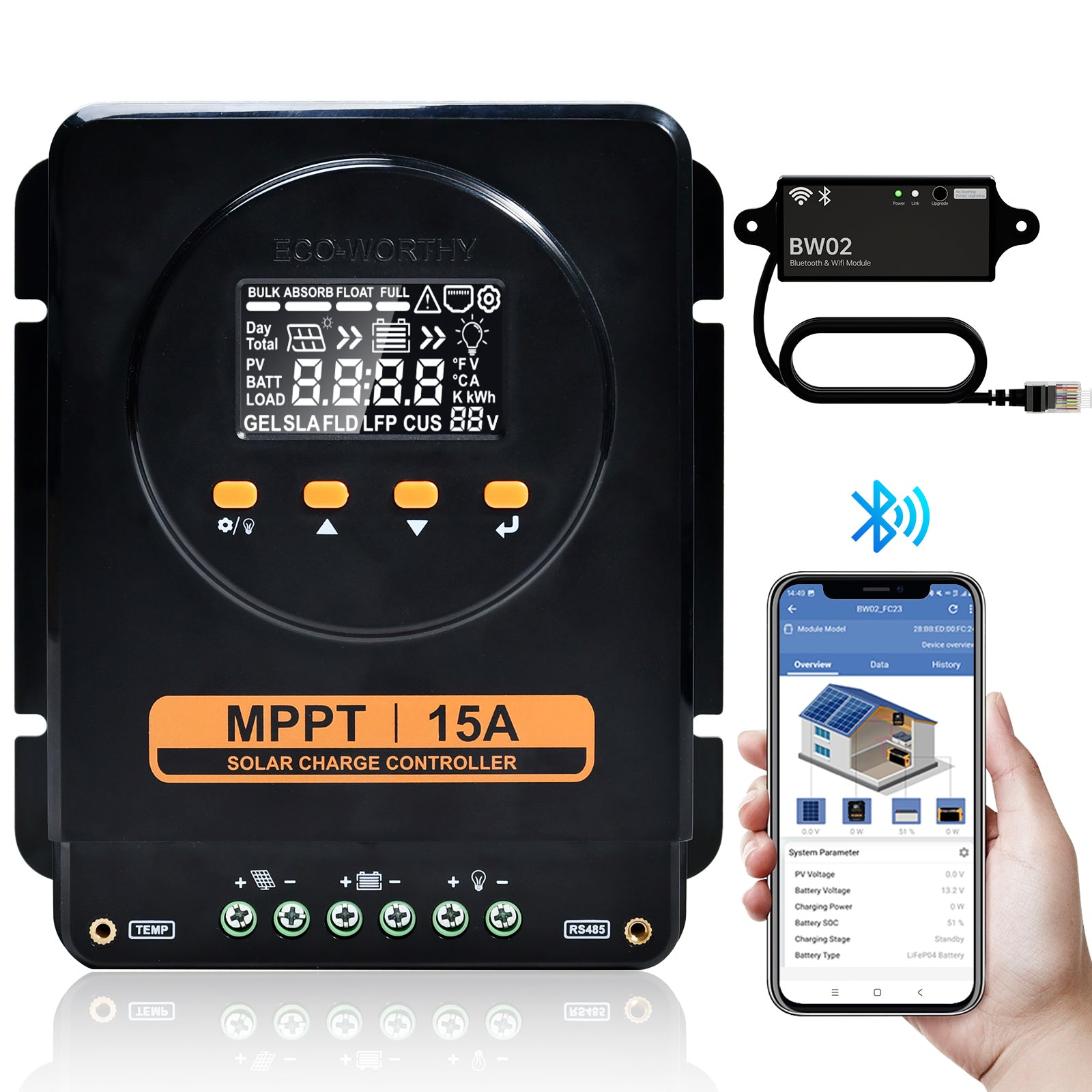 ECO-WORTHY MPPT Solarregler 15A 12V/24V con LCD e Bluetooth RS485-1