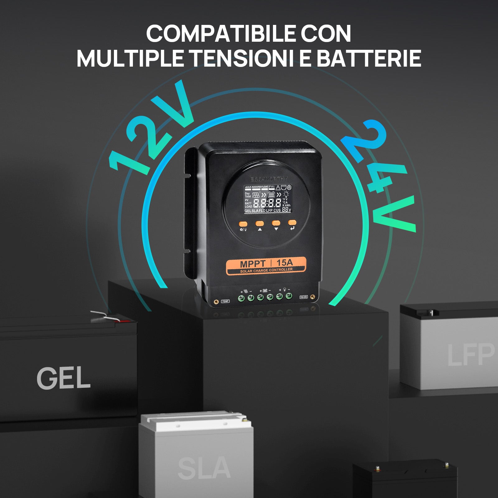 ECO-WORTHY MPPT Solarregler 15A 12V/24V con LCD e Bluetooth RS485-4