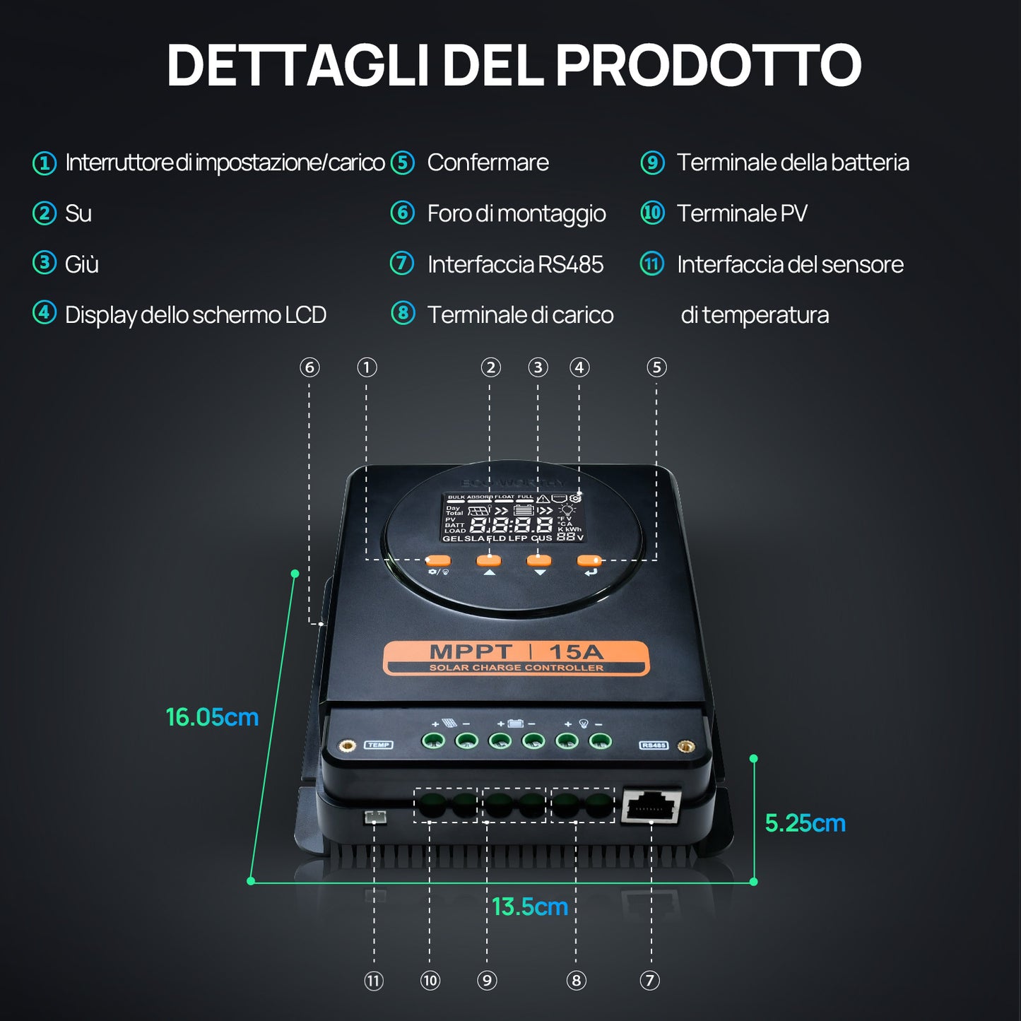 ECO-WORTHY MPPT Solarregler 15A 12V/24V con LCD e Bluetooth RS485-8