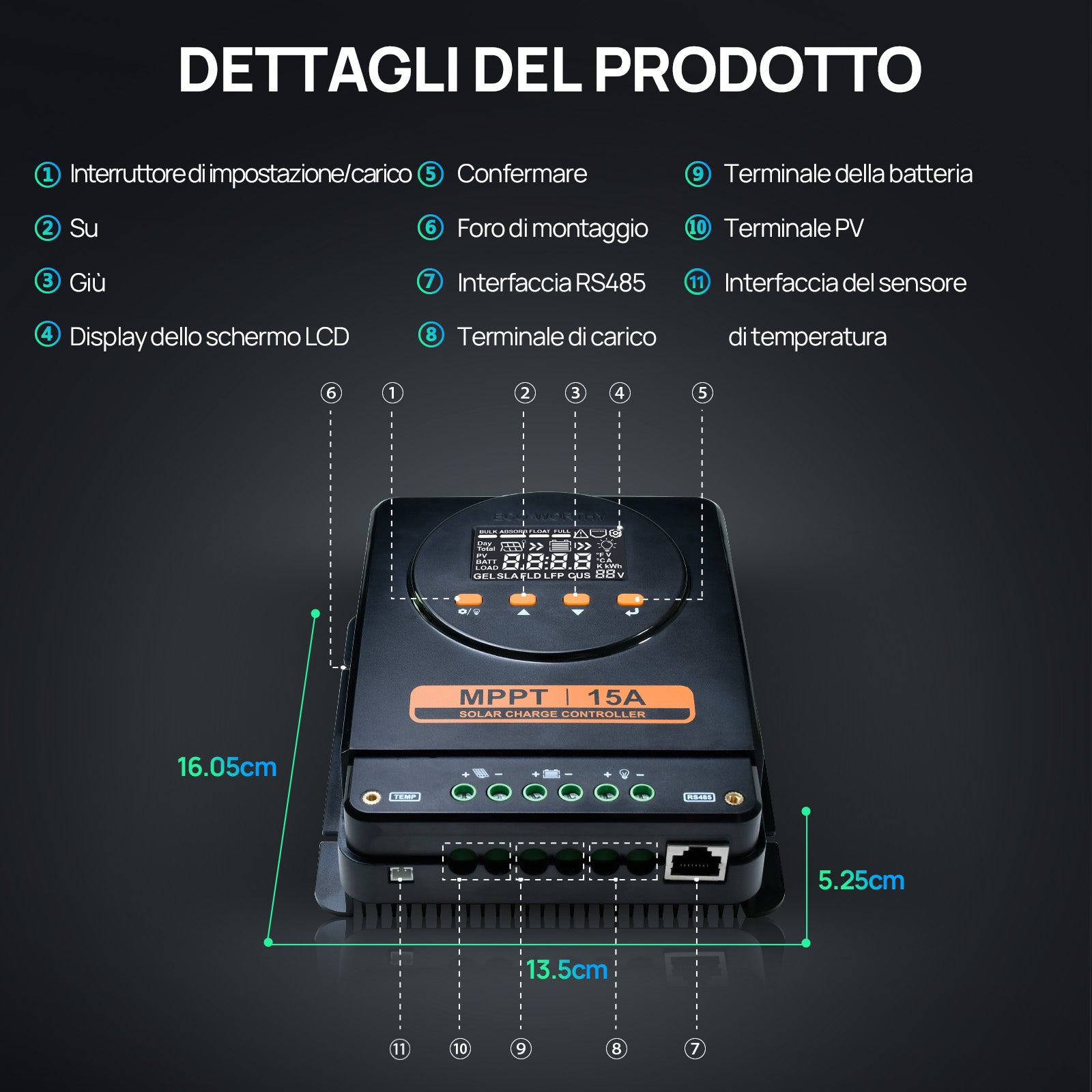 ECO-WORTHY MPPT Solarregler 15A 12V/24V con LCD e Bluetooth RS485-8