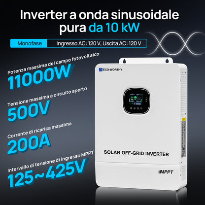 Inverter solare off-grid Eco-Worthy da 10kW 48V — Convertitore da 48V CC a 230V CA — 11.000W a 500V di ingresso fotovoltaico