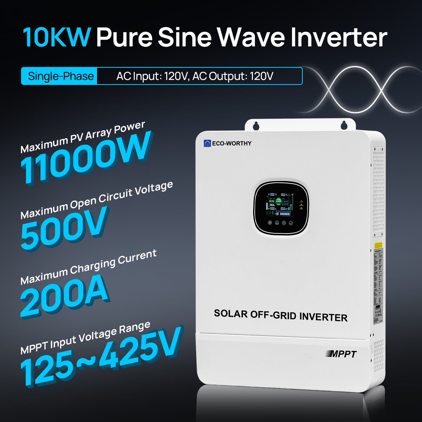 Inverter solare off-grid Eco-Worthy da 10kW 48V — Convertitore da 48V CC a 230V CA — 11.000W a 500V di ingresso fotovoltaico
