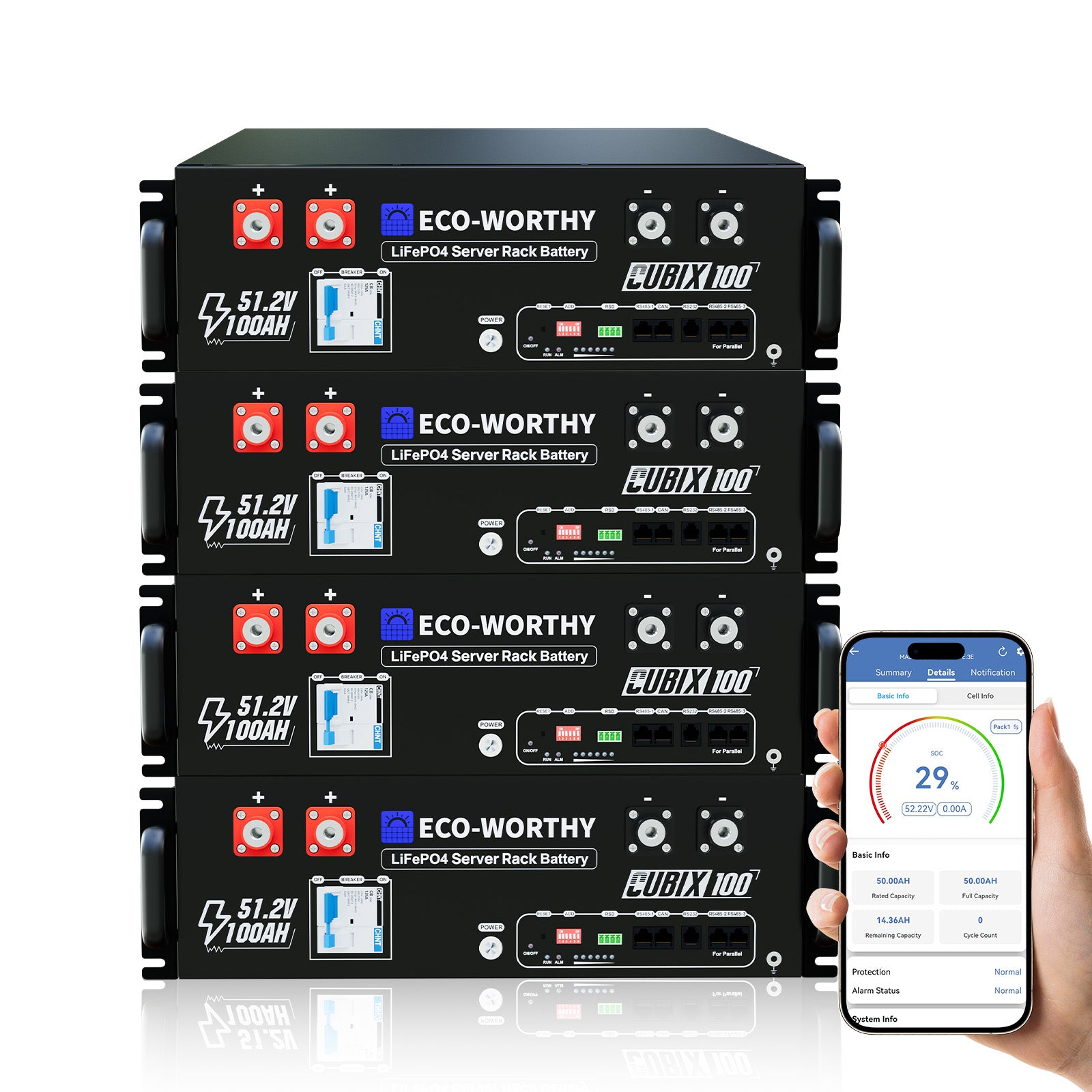 Sistema di accumulo con quattro batterie LiFePO4 ECO-WORTHY impilate e controllo remoto tramite app.