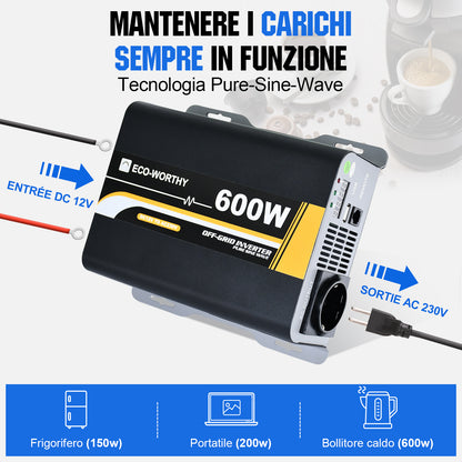 Inverter a onda sinusoidale pura da 600W Off Grid da 12V a 220V - eco - worthy - it