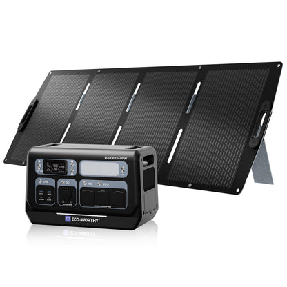 Kit solare portatile composto da stazione ECO-PS2400W e pannello solare pieghevole ad alta efficienza.