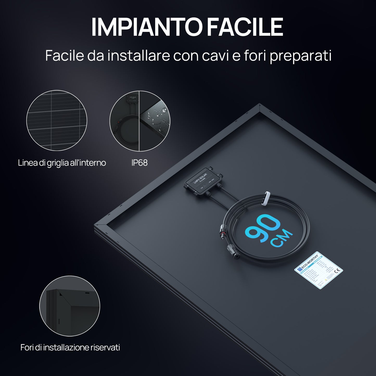 Pannello solare Full Black da 120W 12V | ECO-WORTHY, Efficienza Fino al 25%-impianto facile_linea griglia all'interno,ip69, fori di installazione riservati