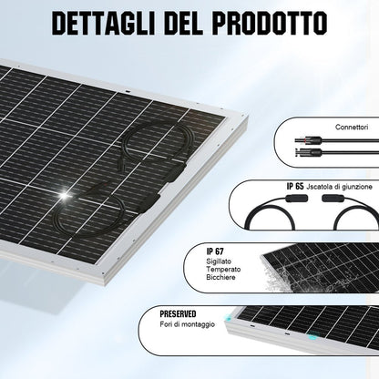 Dettagli tecnici: connettori IP65, vetro temperato IP67 e fori di montaggio pre-forati per facile installazione.