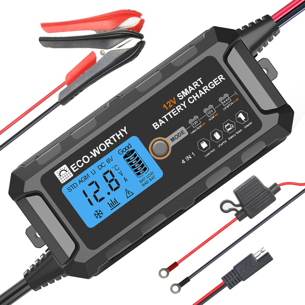 Caricabatteria intelligente automatico da 5A e 10A 12V con display LCD per batterie al litio (LiFePO4) - eco - worthy - it