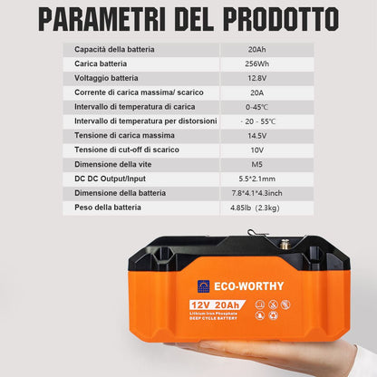 Batteria al litio portatile 12V 20Ah LiFePO4 - eco - worthy - it