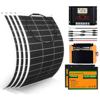 130W 260W 390W 520W 12V Sistema solare completo con 130W 12V Pannello Solare Semi - Flessibile + Batterie al litio - eco - worthy - it